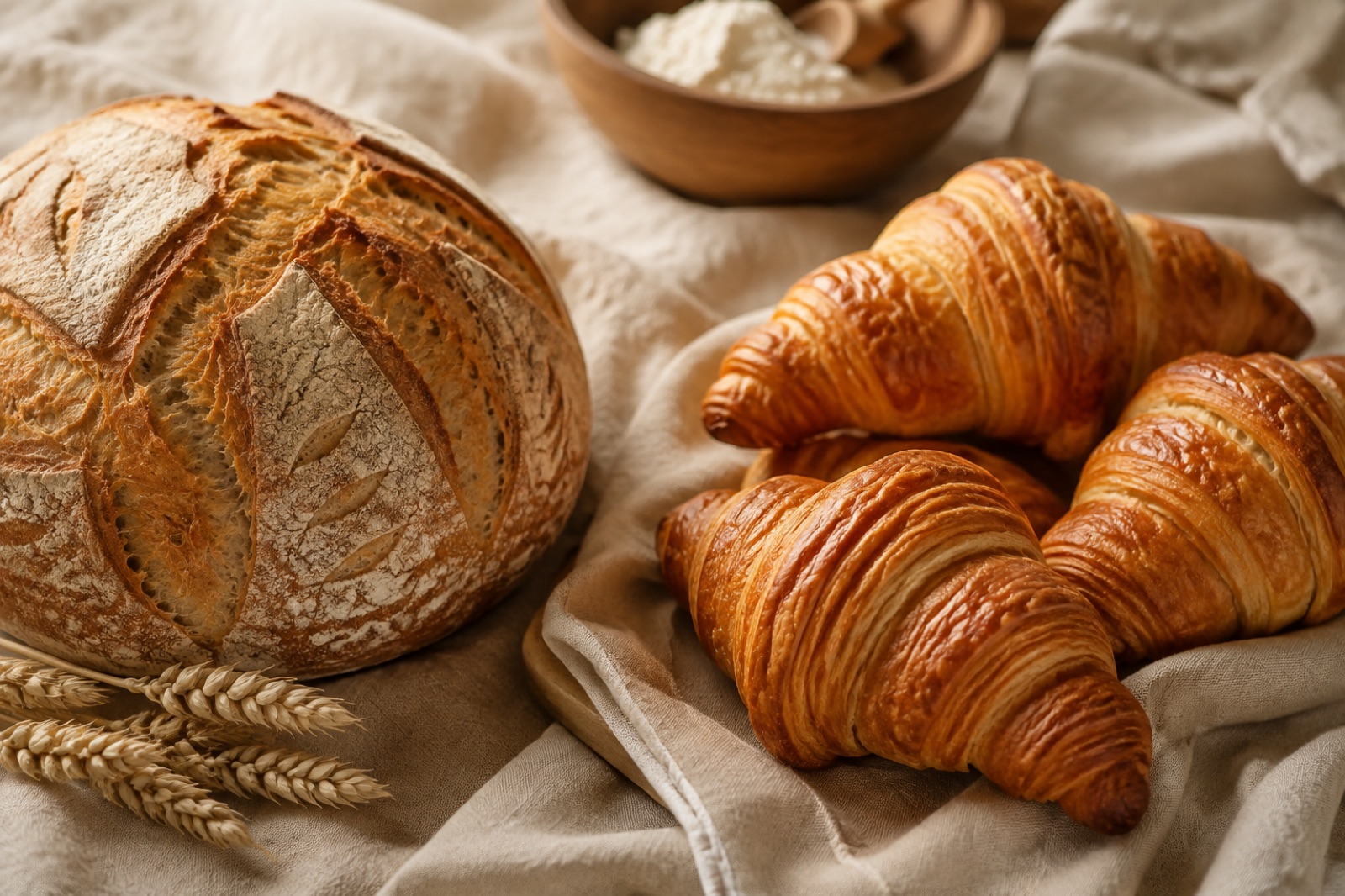 Artisan sourdough and croissants on linen