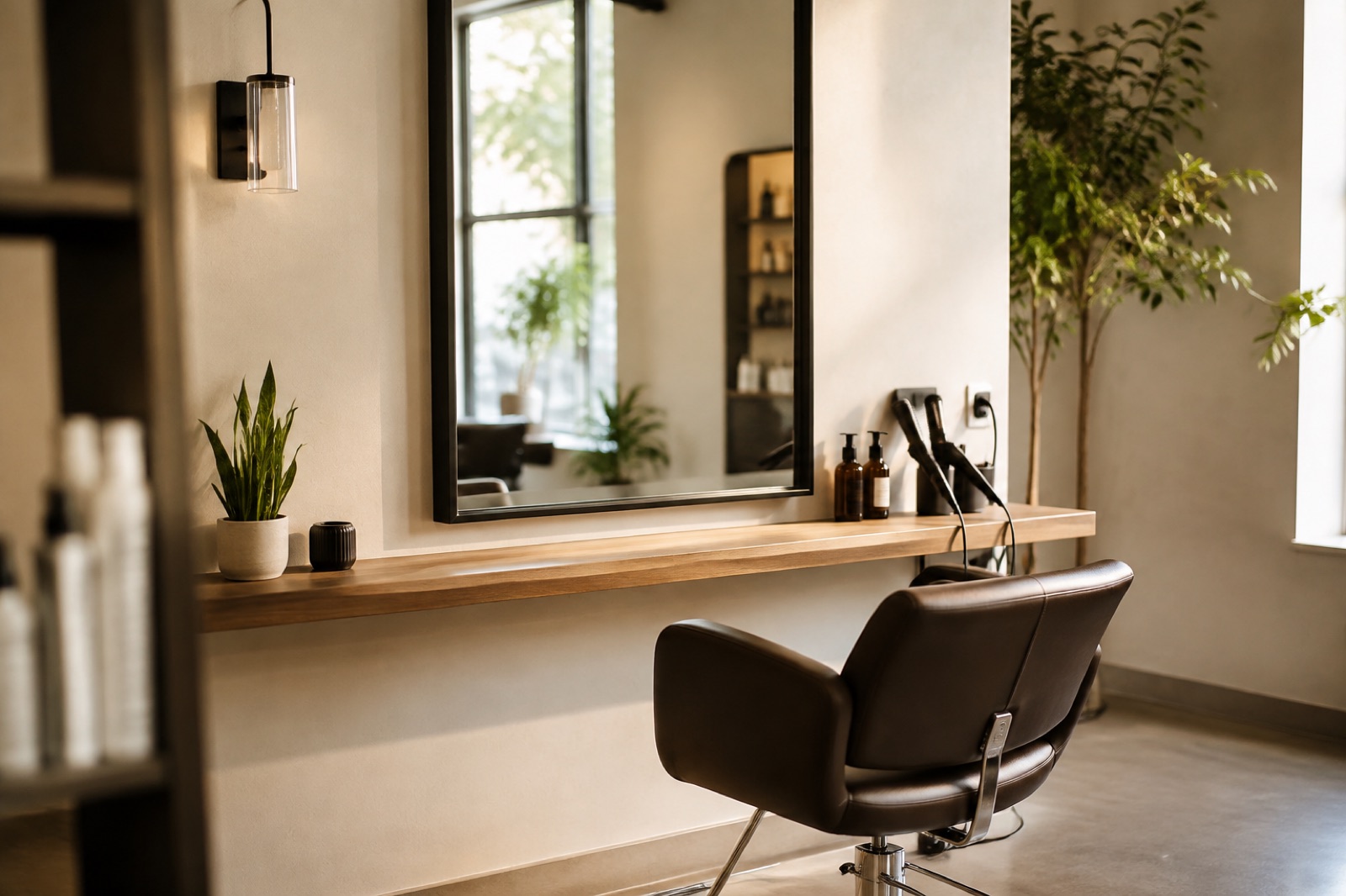 Minimal hair salon station with mirror and styling tools