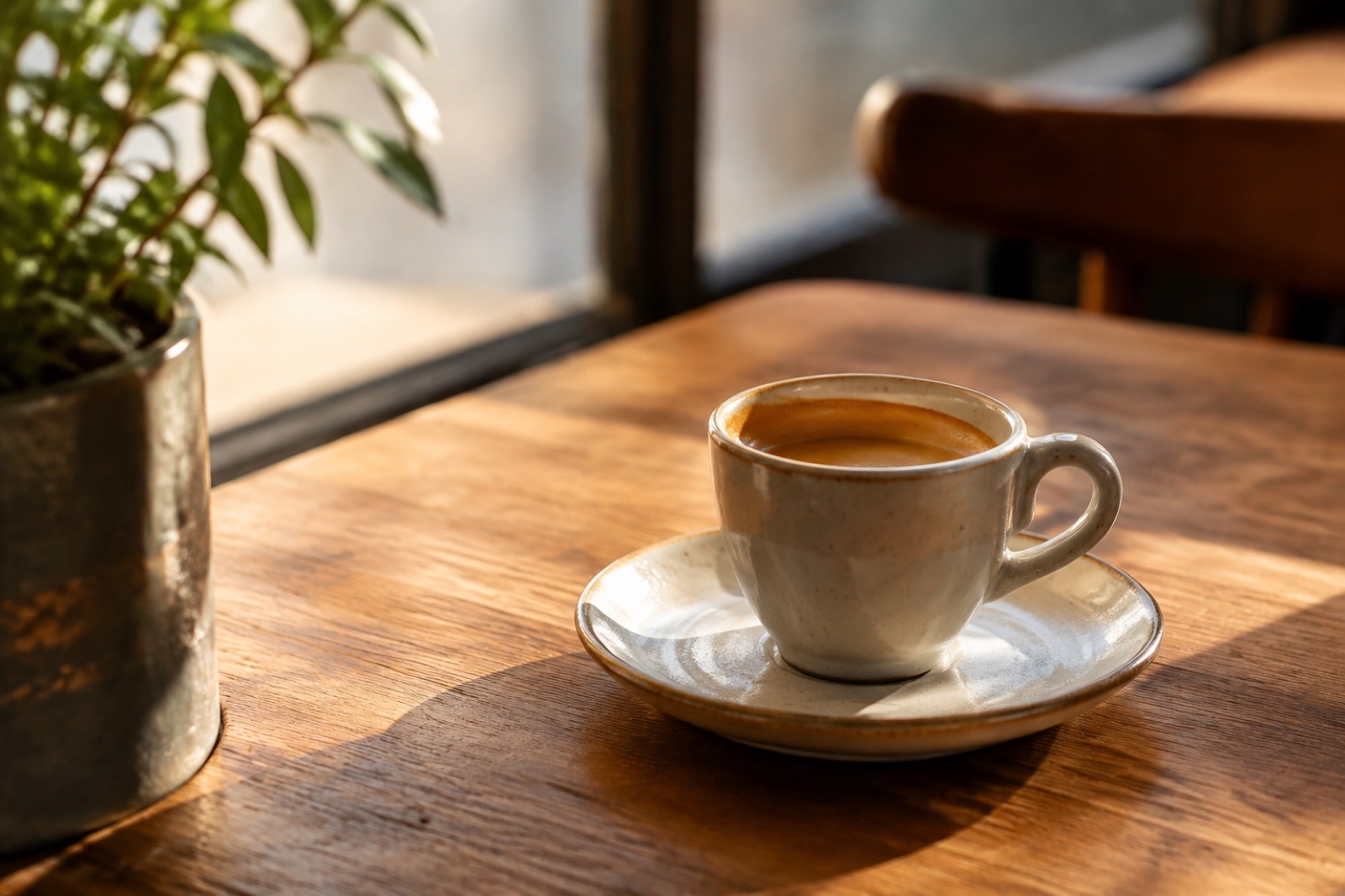 A ceramic espresso cup on a sunlit café table