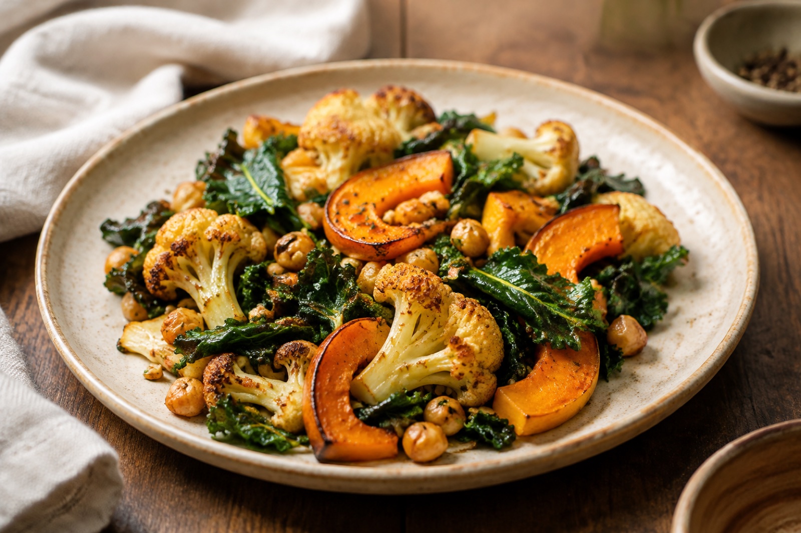Seasonal vegetables on a simple ceramic plate