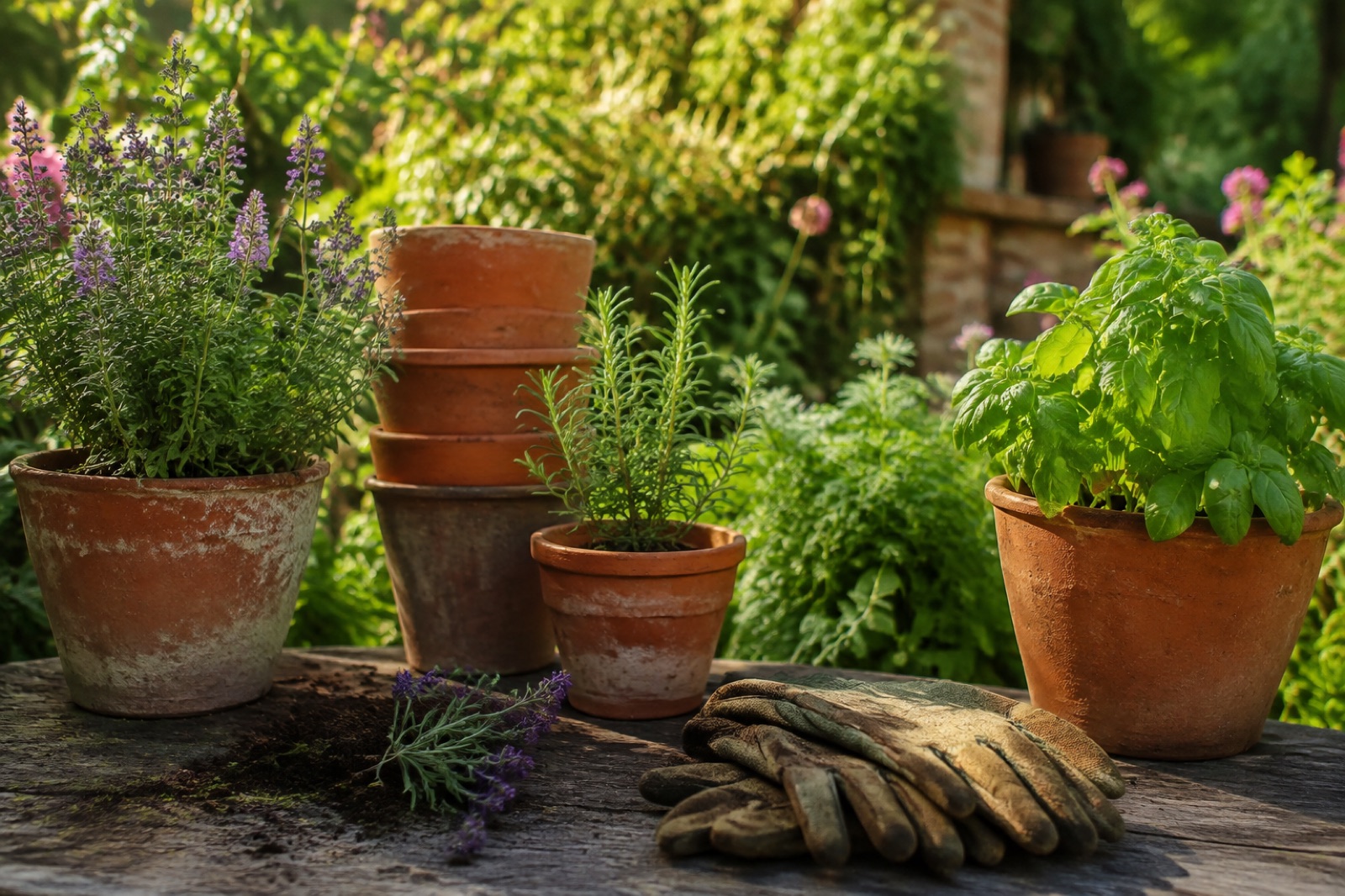 Lush plants, terracotta pots and gardening gloves