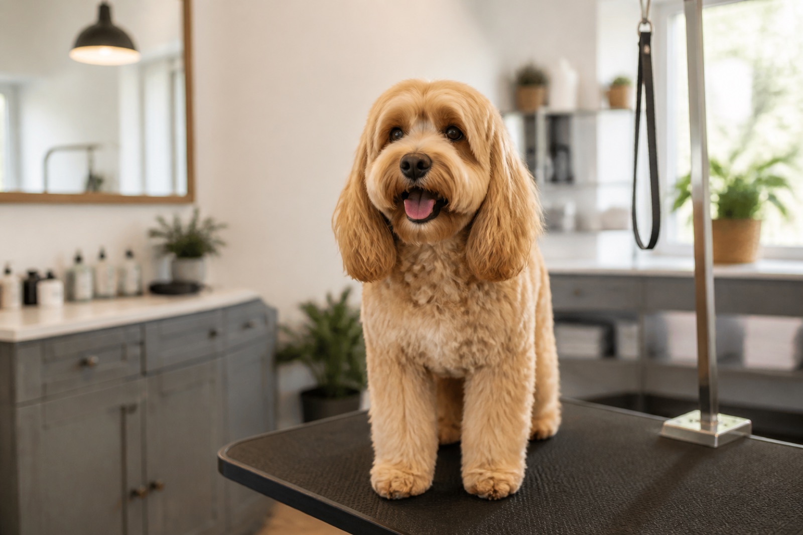 Friendly dog in a clean grooming studio
