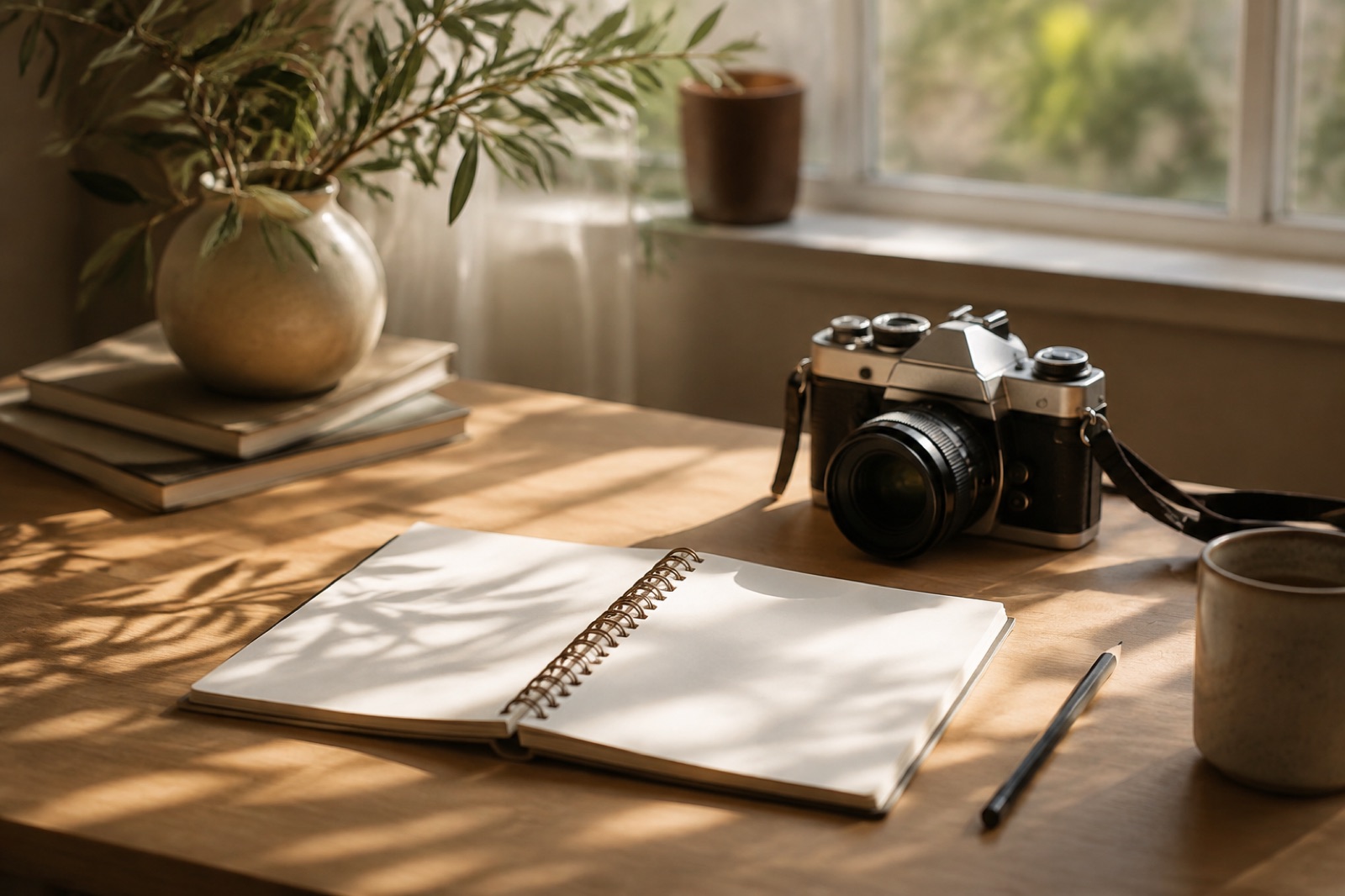 Creative workspace with a camera and sketchbook