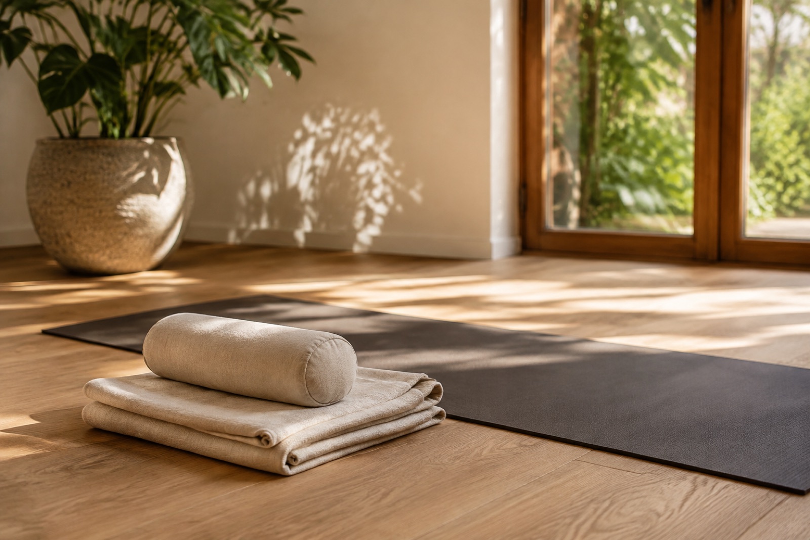 Yoga mat and folded linen in a tranquil sunlit room